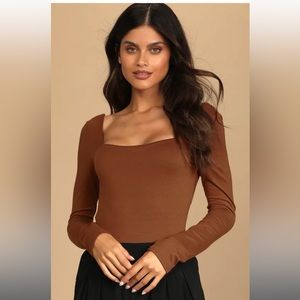 Lulus Bold Basic Camel Long Sleeve Cutout Bodysuit